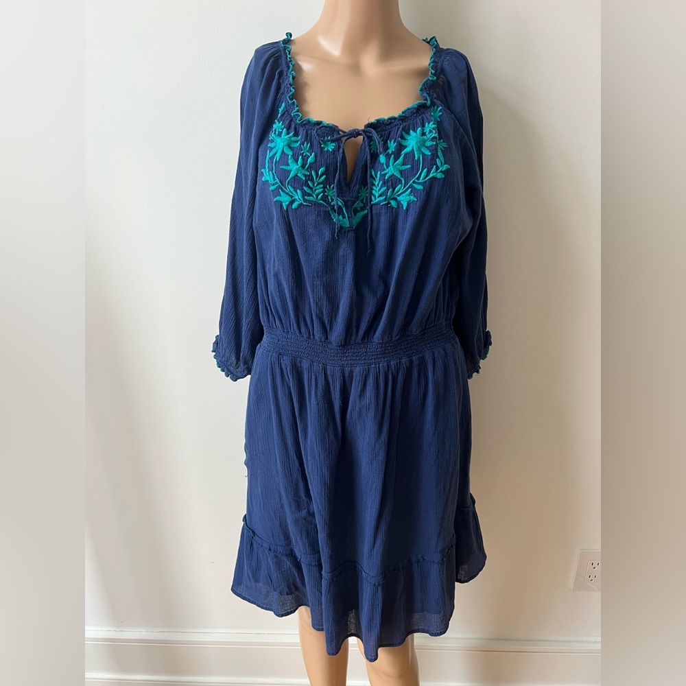 Old Navy Navy Dress with Teal Floral Embroidery